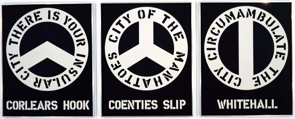 The Melville Triptych consist of three 60 by 48 inch black and white panels. "Corlears Hook" is painted in white letters across the bottom of the left panel. Above it is a white ring wit the text, in black, "There is your insular city." Coenties Slip appears in white letters across the bottom of the central panel. Above it is a white ring with the black text "Cit of the Manhattoes." Whitehall appears in white letters across the bottom of the right panel. The white ring above the painting contains the black text "Circumambulate the city."