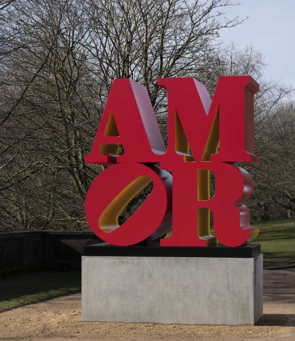 Robert Indiana's Red Yellow AMOR sculpture on display in the Yorkshire Sculpture Park