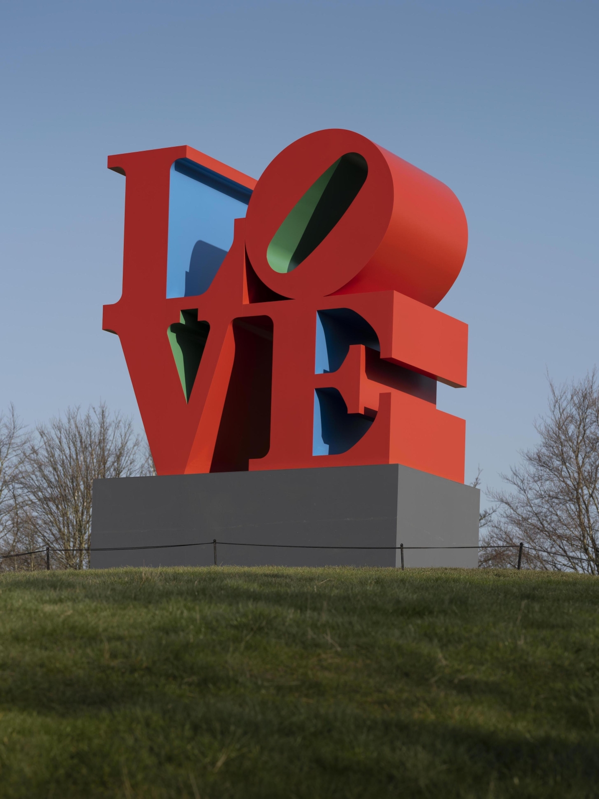 Robert Indiana, LOVE (Red Blue Green), 1966&ndash;1998, installation view at Yorkshire Sculpture Park, 2022. Photo: &copy; Jonty Wilde, courtesy of Yorkshire Sculpture Park. Artwork: &copy; 2022 Morgan Art Foundation Ltd./ Artists Rights Society (ARS), New York/DACS, London