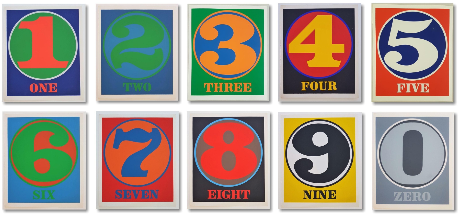 Numbers, 1968. Ten Serigraphs in colors on white Schoellers Parole paper. Edition: 125 plus 35 Artist proofs. Image: 23 7/16 x 19 5/8 inches (59.5 x 49.8 cm). Sheet: 25 9/16 x 19 5/8 inches (64.9 x 49.8 cm). Printer: DombergerKG, Bonlanden bei Stuttgart, West Germany. Publisher: Edition Domberger, Bonlanden be Stuttgart, West Germany, and Galerie Schmela, D&uuml;sseldorf, West Germany.&nbsp;