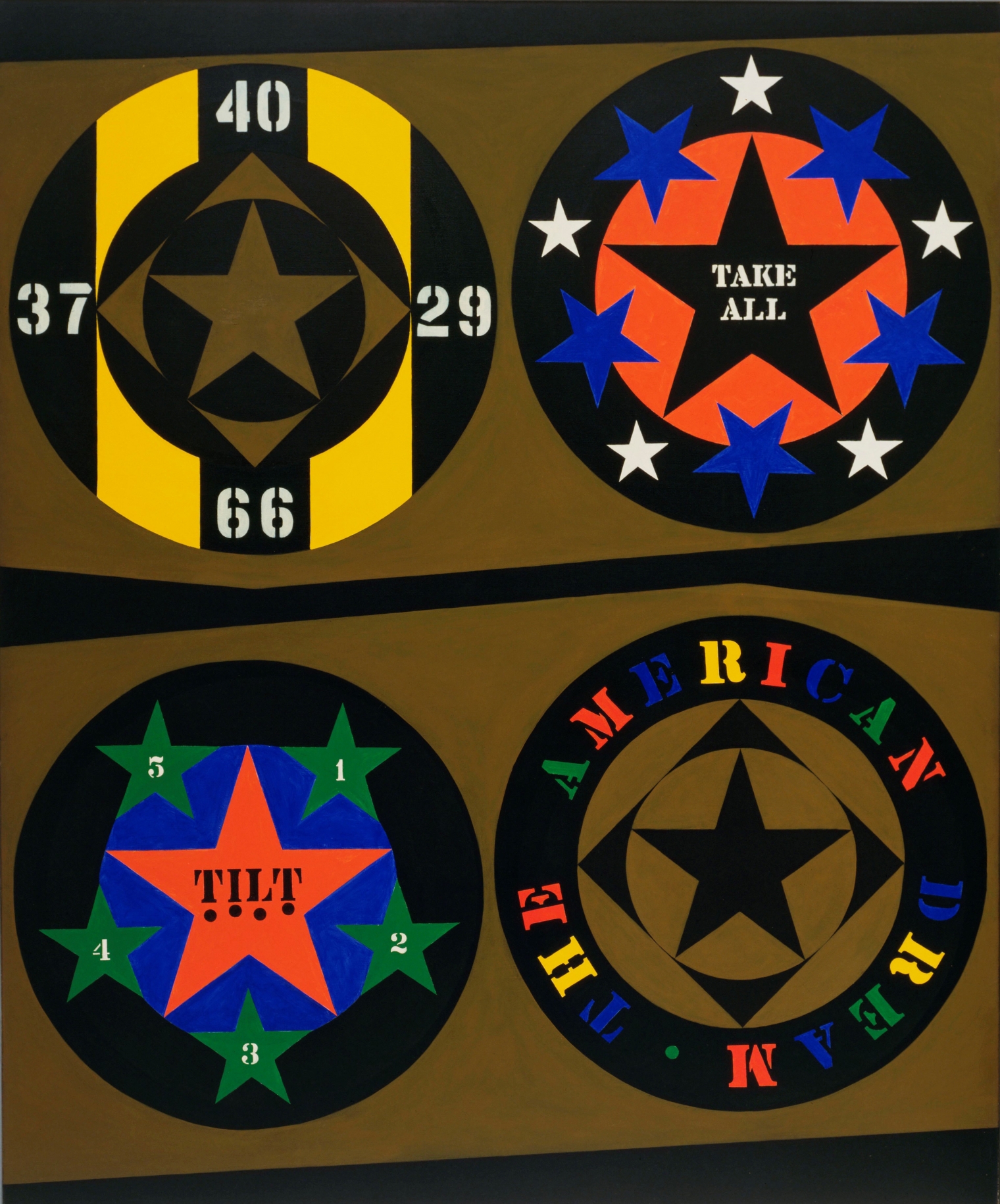 A 72 by 60 inch primarily black and brown painting with two rows of two orbs, each containing a star, as well as references to major American highways and pinball machines. The work's title, "The American Dream," appears in multicolored stenciled letters in a ring around the lower right hand orb