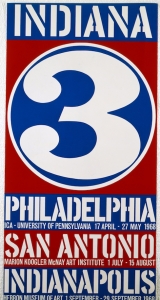 Poster for 1968 Robert Indiana solo exhibition at the ICA Philadelphia, the Marion Koogler McNay Art Institute, San Antonio, and the Herron Museum of Art, Indianapolis