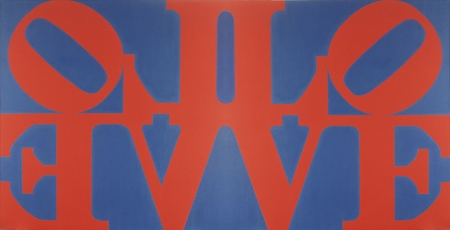 The Imperial LOVE is a 72 by 144 inch diptych consisting of two identical love images, a red letter L and a red tilted. letter O over the letters V and E against a blue ground, arranged side by side, with the Os facing outward.