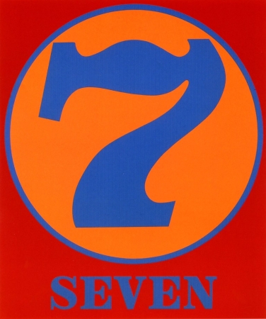 A 60 by 50 inch red canvas dominated by a blue numeral seven within an orange circle with a blue outline. Below the circe the work's title, "Seven," is painted in blue letters.