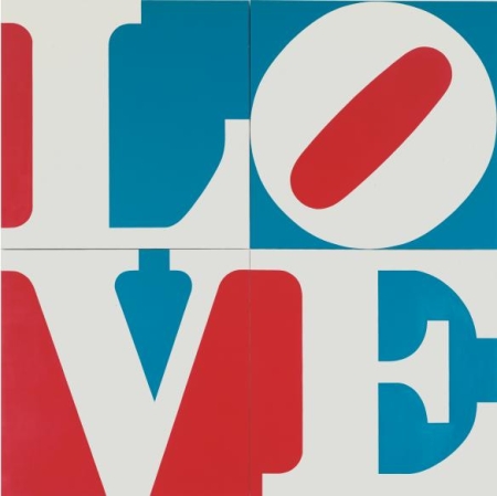The Great American LOVE is a 144 inch square painting consisting of four panels spelling LOVE. Each panel consists of an individual letter in white against a red and blue ground.  The top left panel if the letter L, the top right panel the tilted letter O, the bottom left panel the letter V, and the bottom right panel the letter E.