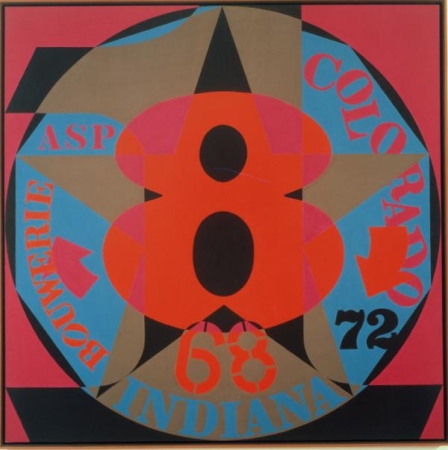 Decade: Autoportrait 1968 is a 72 inch square painting with a red ground. A circle containing a blue decagon dominates the canvas. In the center of the circle is a large brown, black, and magenta numeral one. Painted on top of the one is a brown, black, and magenta star, and on top of the star is a red and magenta numeral eight. Text, arrows and numbers are painted in the spaces between the arms of the stars. On the right side Colorado is painted in red letters, with a red arrow covering part of the letters D and O. Below the arrow is a black 72. Indiana is painted in blue at the bottom of the circle, with a red 68 above.  "Asp" is painted in red in the upper left, and "Bouwerie" in red, with a magenta arrow to its right, appear in the lower left side. 