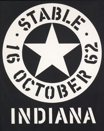 Stable is a 50 by 40 inch black and white painting dominated by a circle enclosing a white star, surrounded by a white ring with the text "Stable 16 October 62" painted in black stenciled letters. Below the circle Indiana has been painted in white stenciled letters.