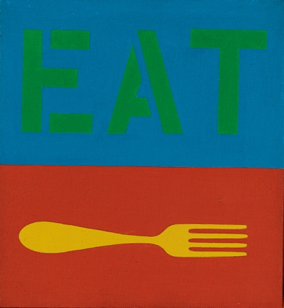 Eat is a 12 by 11 inch painting. The upper half contains green stenciled letters spelling Eat on a blue background. The bottom half of the canvas is red and contains a yellow fork with the tines facing to the right.