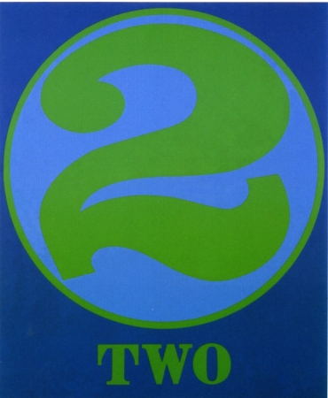 A 60 by 50 inch blue canvas dominated by a green numeral two within a blue circle with a green outline. Below the circe the painting's title, "Two," is painted in green letters.