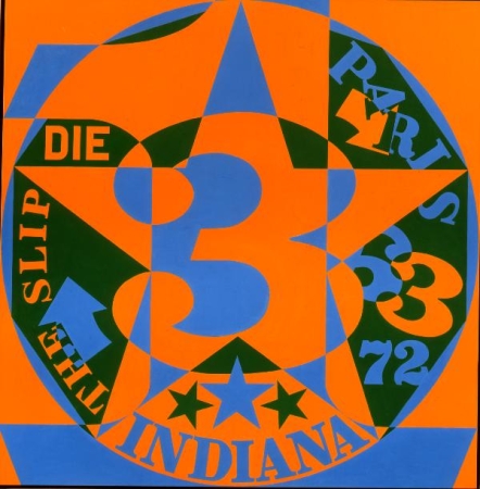 Decade: Autoportrait 1963 is a 72 inch square painting with an orange ground. A circle containing a black decagon dominates the canvas. In the center of the circle is a large blue and orange numeral one. Painted on top of the one is a blue and orange star, and on top of the star is a blue, orange, and black numeral three. Text, arrows and numbers are painted in the spaces between the arms of the stars. On the right side Paris is painted in blue letters, with an orange arrow painted underneath the letters A and R. The number 63, the six painted blue and the three orange, and a blue number 72, appear in the lower right side of the circle. Indiana appears painted blue at the bottom of the circle, with three stars above it.  The words "Die" and "The Slips" are painted in orange letters in the left side of the circle, as well as a blue arrow.