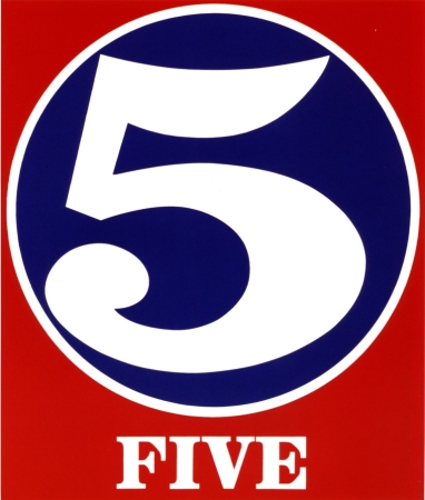 A 60 by 50 inch red canvas dominated by a white numeral five within a blue circle with a white outline. Below the circe the painting's title, "Five," is painted in white letters.