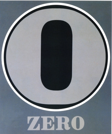 A 60 by 50 inch gray canvas dominated by a light gray numeral zero within a black circle with a white outline. Below the circe the work's title, "Zero," is painted in light gray letters.