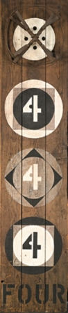 A 96 by 21 by 7 inch wooden beam with four orbs in a horizontal row down the front. The bottom three orbs each contain the numeral four within a circle within a square. Below the orbs the word four has been painted in black.