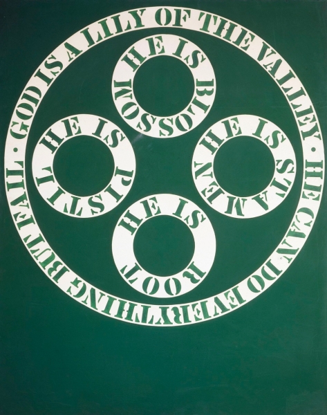 Robert Indiana's green and white painting God Is a Lily of the Valley, 1961