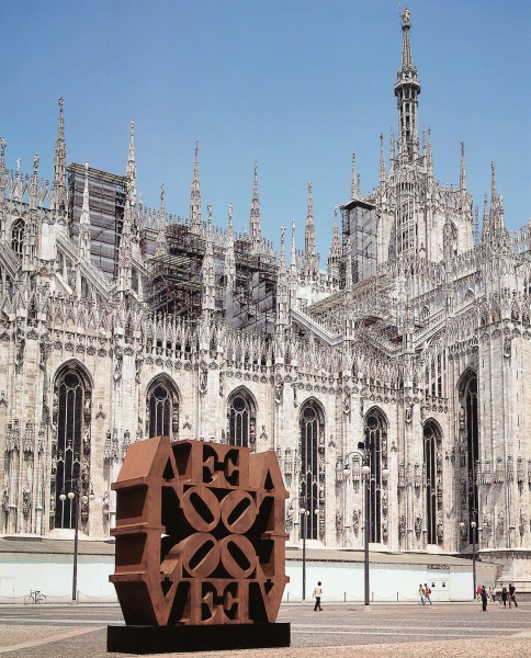 Installation view of Cor-Ten LOVE Wall in Robert Indiana a Milano