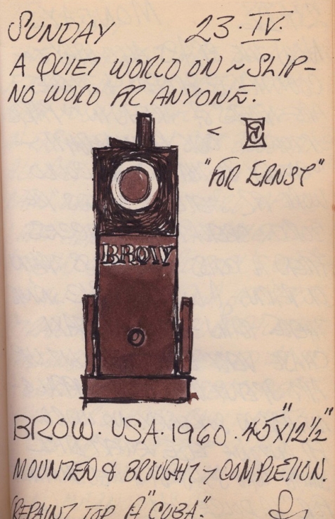 Journal page for April 23, 1961 with writing and a color sketch of the sculpture Brow