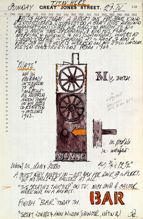 Journal page for April 29, 1962 including text, a sketch of the sculpture Mate, a sketch of a profile deal of Mate, and the stenciled letters "Bar" in orange