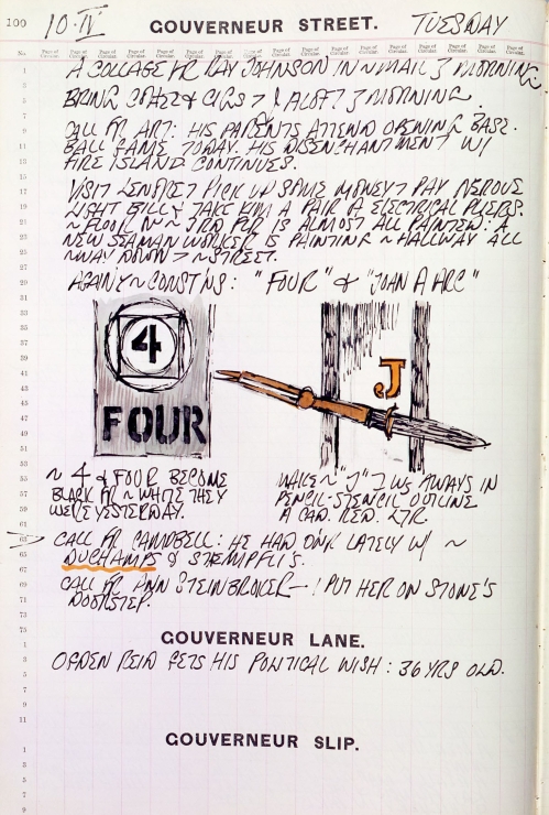 Journal page for April 10, 1962 with text and color sketches of details of the sculptures Four and Jeanne d'Arc