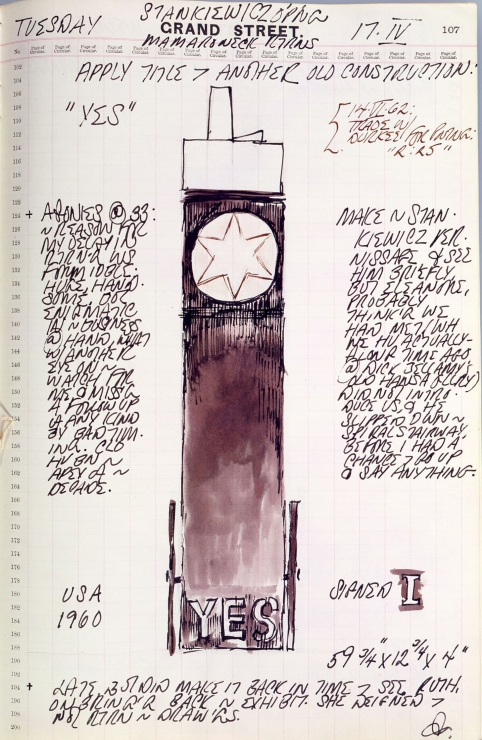 Journal page for April 17, 1962 including text and a color sketch of the sculpture Yes