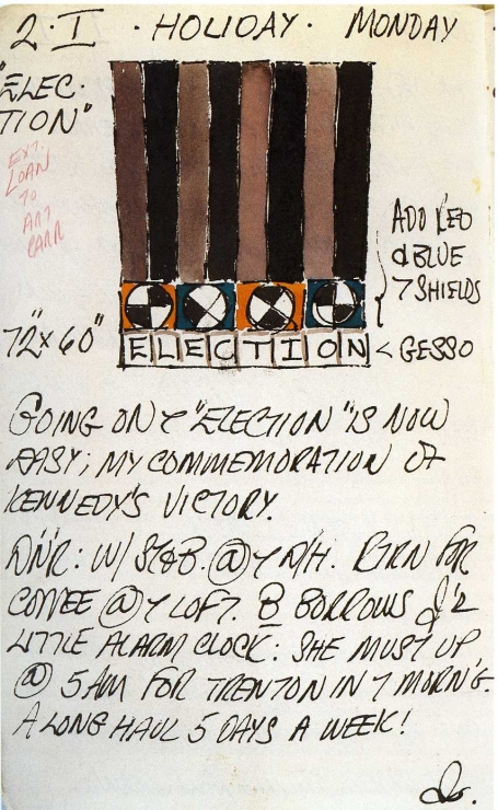 Journal page for January 2, 1961 containing text and a color sketch of the painting Election