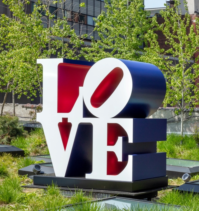 Installation view of The American LOVE (White Blue Red)&nbsp;in the Kasmin Sculpture Garden on the occassion of the exhibition Robert Indiana, 2019. Photography by Christopher Stach. Artwork &copy; Morgan Art Foundation Ltd. / Artists Rights Society (ARS), New York.&nbsp;