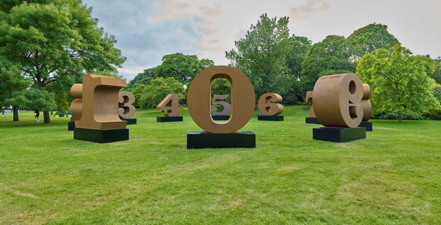 Robert Indiana's Cor-Ten ONE Through ZERO (The Ten Numbers) installed at Frieze Sculpture 2019