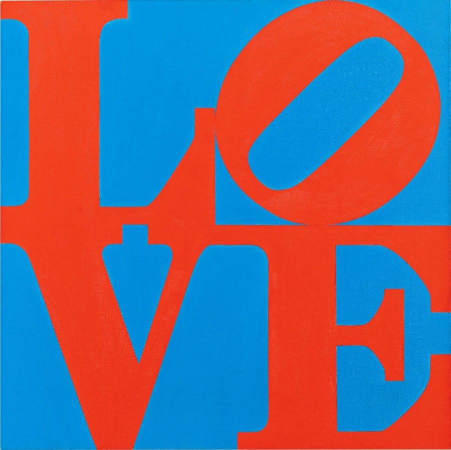 LOVE is a 24 inch square painting with the red letters L and a tilted O stacked above the letters V and E, against a blue background.