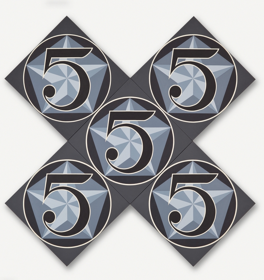 The X-5 is an x-format painting made up of five diamond shaped panels, measuring 102 by 102 inches overall. Each panel consists of a black five against a star within a light gray pentagon within a black circle against a dark gray ground.