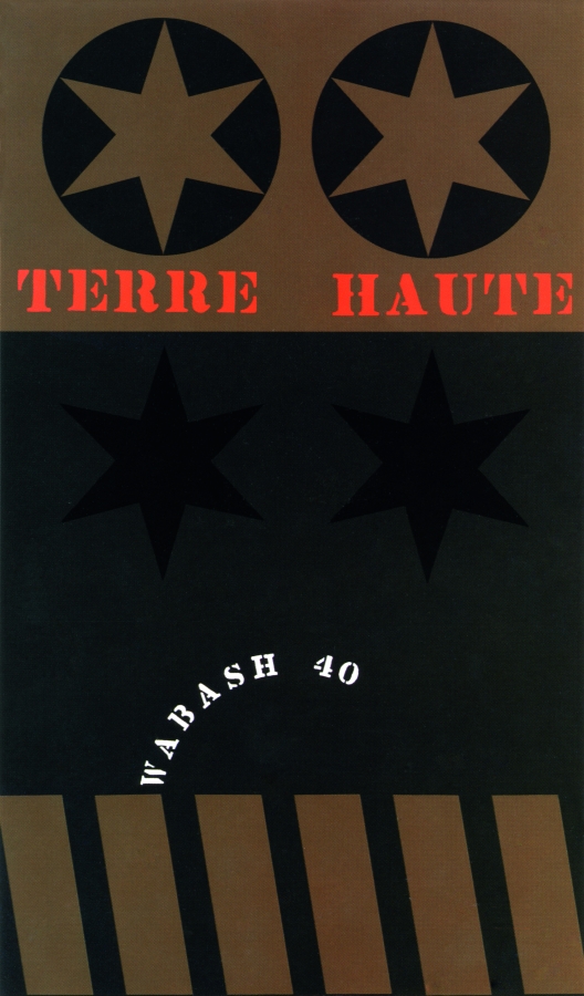 A primarily black and brown painting; the top third consists of two black orbs containing brown stars, above the painting's title, Terre Haute, in red stenciled letters. Below is a rectangular black field with the text Wabash 40, in white stenciled letters, above a row of black and brown danger stripes