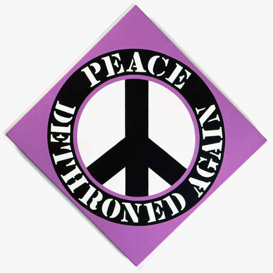A 34 by 34 inch light purple diamond shaped canvas with a black peace sign in a white circle with a purple outline. Surrounding the circle is a black ring with the painting's title, "Peace Dethroned Again" painted in white letters. "Peace" appears in the top of the ring and "Dethroned Again" in the bottom half.