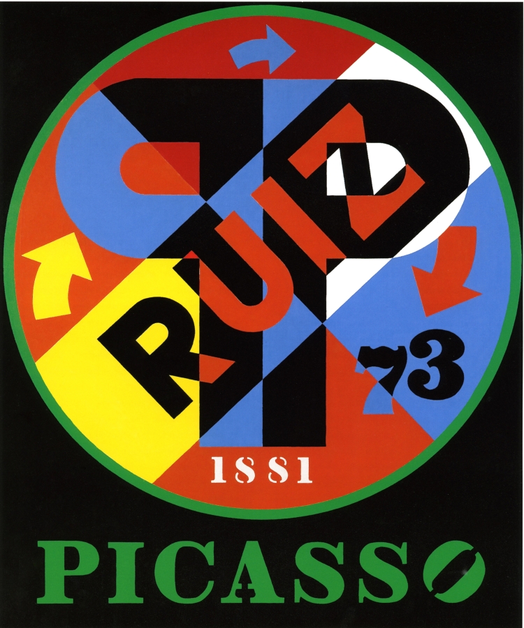 Picasso II is a 60 by 50 inch painting with a black ground and the word Picasso painted in green letters across the bottom of the canvas. Above, and occupying most of the canvas, is a circle with a green outline. Dominating the circle are two blue and black large letter "P"s, back to back. In a diagonal band across the circle and over the Ps is the name "Ruiz,"painted in black and red letters. The date 1881 is painted in white numbers at the bottom of the circle, and to the right is the date 73 in blue and black numbers, with a red arrow above it. A yellow arrow appears in the middle left side of the circle, and a blue arrow at the top of the circle. 