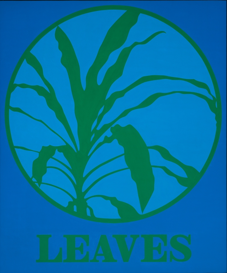 A 60 by 50 inch blue canvas with the title, "Leaves," painted in green stenciled letters along the center bottom of the canvas. Above it is a light blue circle with a green outline, and the leaves of a green plant painted in the center.