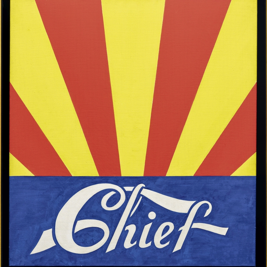 A 24 by 22 inch painting. The bottom third is blue, with the title, Chief, painted in white letters. Emanating from the blue band at the bottom and covering the top two thirds of the canvas are alternating red and yellow rays. 