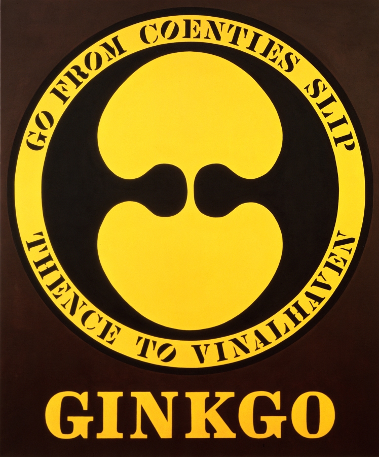 A 60 by 50 inch canvas with a black ground and the painting's title, Ginkgo, painted across the bottom. Above the title is a black circle containing a double ginkgo leaf image. Surrounding the circle is a yellow ring with "Go from Coenties Slip Thence to Vinalhaven" painted in black stenciled letters.