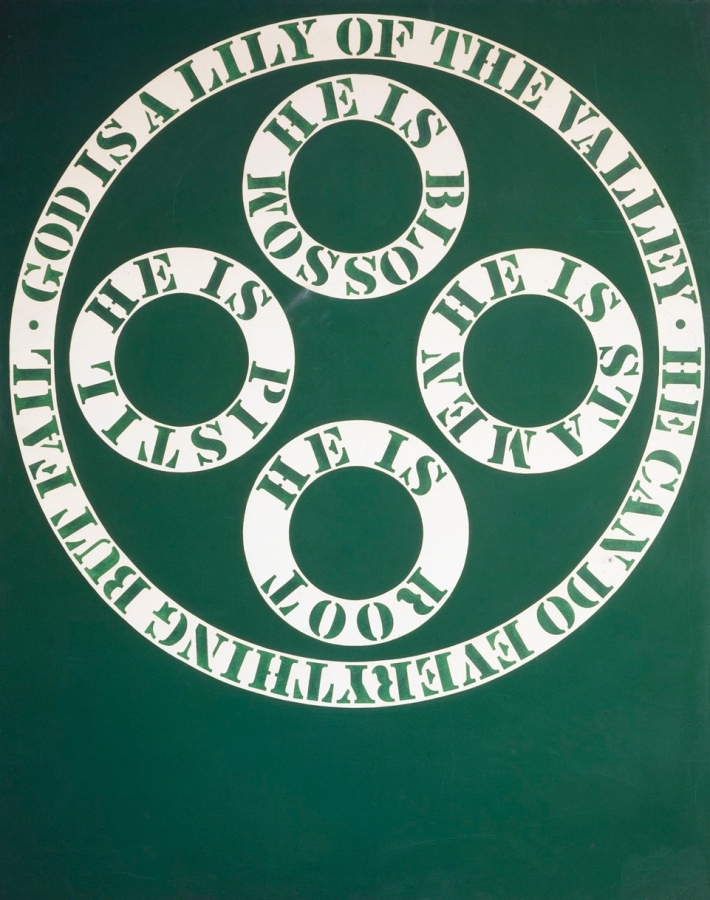 Green and white version of the painting God Is a Lily of the Valley. The work consists of a large circle around four smaller circles on a green background. Each contains green stenciled text in a white ring. The outer circles reads "God is a lily of the valley. He can do everything but fail. The smaller circles read "He is blossom," "He is stamen," "He is root," and "He is pistil."