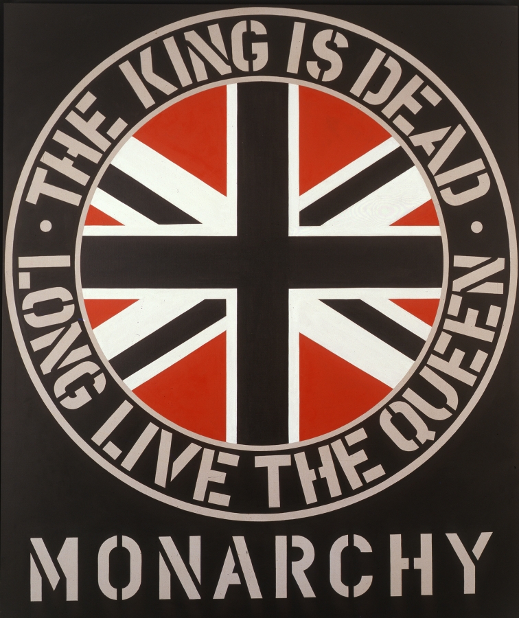 A 60 by 50 inch black canvas with the title, Monarchy, painted in beige stenciled letters across the bottom. Above is a circle, with the Union Jack in the center, surrounded by a black ring with beige outlines. inside the ring is the beige stenciled text "The King is dead. Long live the Queen."