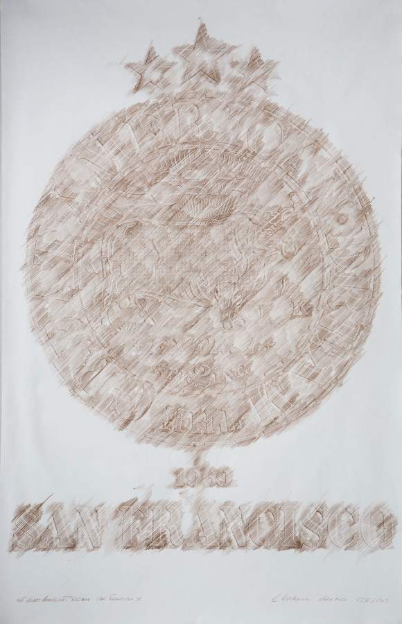 A 40 by 26 inch conte crayon on paper rubbing. A circle with the text The Great American Dream in the outer ring contains image of a steer. Above the circle are three stars, below that the date 1969 and San Francisco.