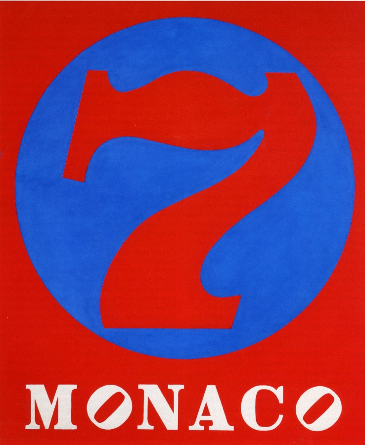 Monaco 7 is a 60 by inch painting with a red ground. Monaco has been painted in white letters across the bottom of the canvas, both of the letter "o"s are tilted. Above this is a large blue circle with a red numeral seven inside.