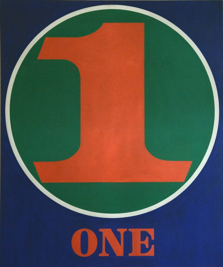 A 60 by 50 inch blue canvas dominated by a red numeral one within a green circle with a white outline. Below the circe the painting's title, "One," is painted in red letters.