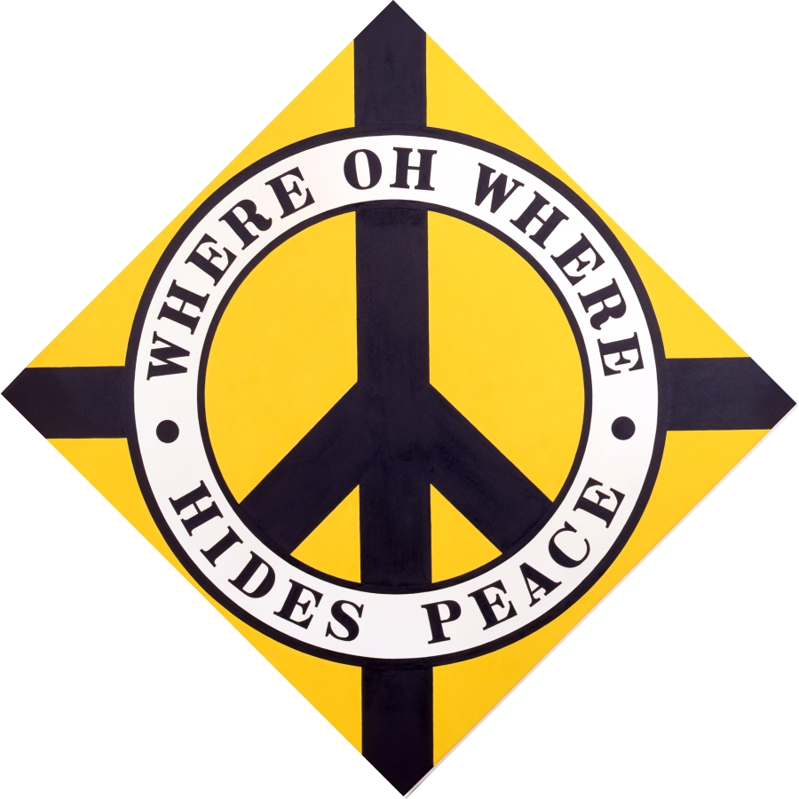 A 50 1/2 by 50 1/2 diamond shaped yellow painting with a black peace sign. The ring around the peace sign is white with black outlines. In it the work's title, "Where Oh Where Hides Peace," is painted in black letters. "Where Oh Where" appears on the top half, and "Hides Peace" appears on the bottom half. A small black circle has been painted to the side of each "where." Black rectangular bands of paint go from the outer edge of the circle to each corner of the triangle.