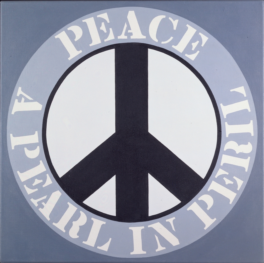 A 24 inch square gray painting with a black peace sign in a white circle with a black outline. Surrounding the circle is a light gray ring with the painting's title "Peace a Pear in Peril" painted in white letters. "Peace" occupies the top part of the ring, and "A Pearl in Peril" is in the lower half.