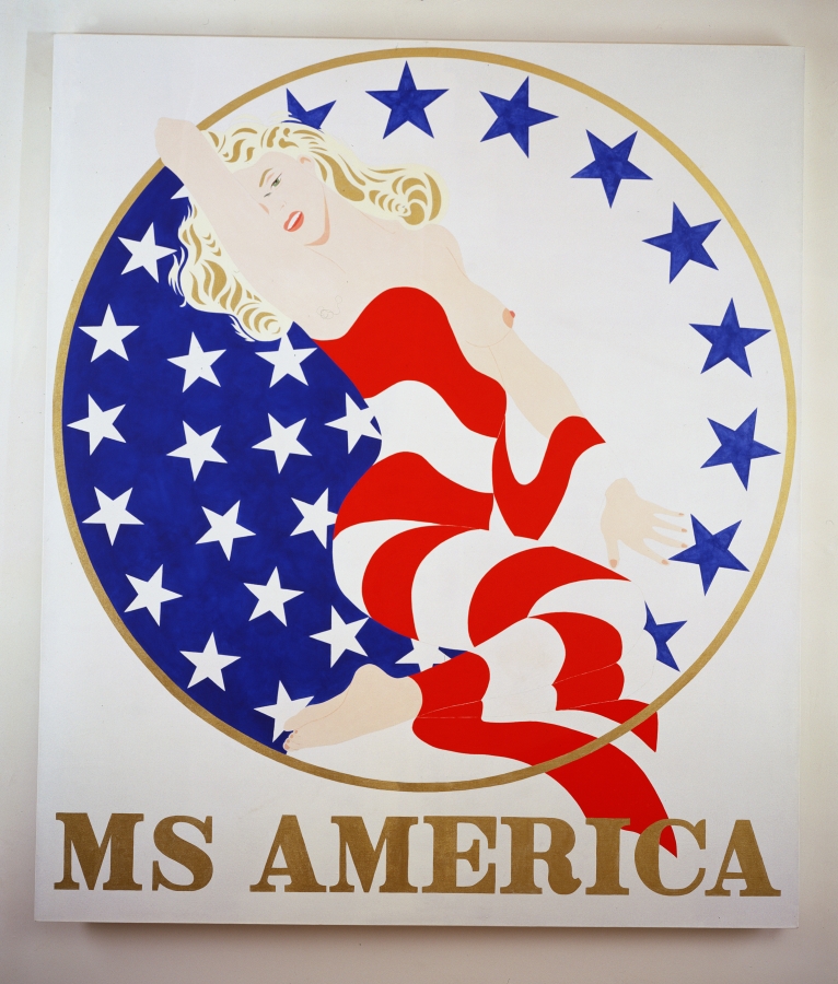 A 70 by 60 inch canvas with a white ground and the painting's title "Ms America" painted in gold letters across the bottom. Above the title is a white circle with a gold outline. in the circle is an image of Monroe draped in the red and white stripes of the American flag, one breast exposed. To the left of the image of Monroe the circle is painted blue, and filled with white stars. Nine blue stars run down the inner right edge of the star. 