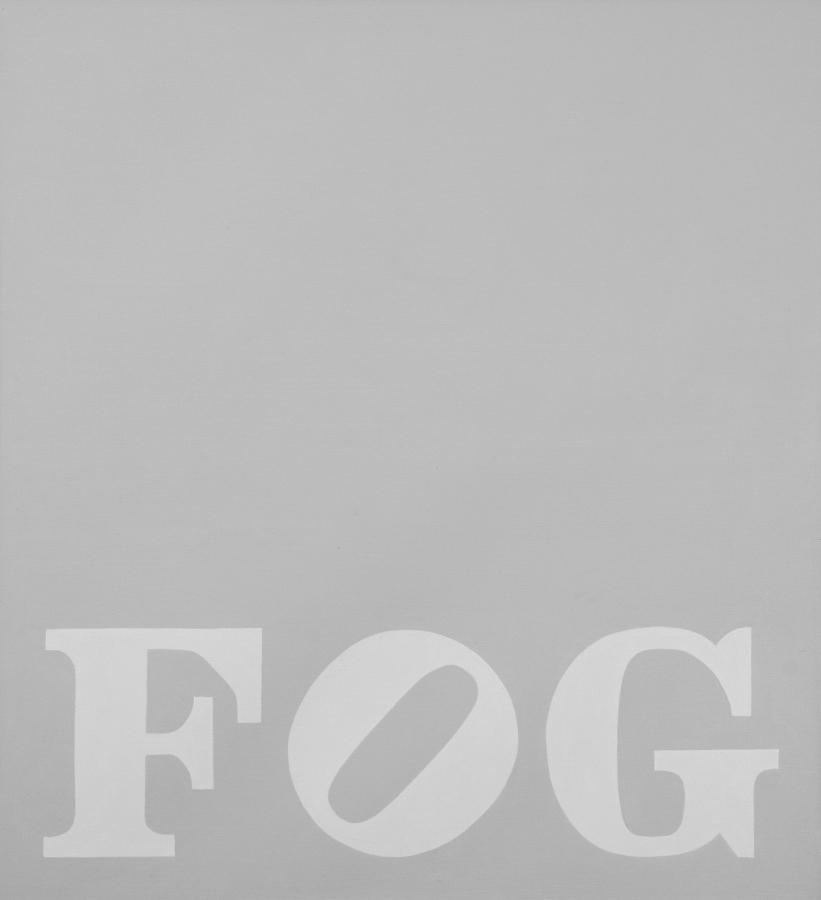 A 28 by 22 inch gray painting with the title, Fog, painted in a lighter gray across the bottom of the canvas. The O of Fog is tilted.