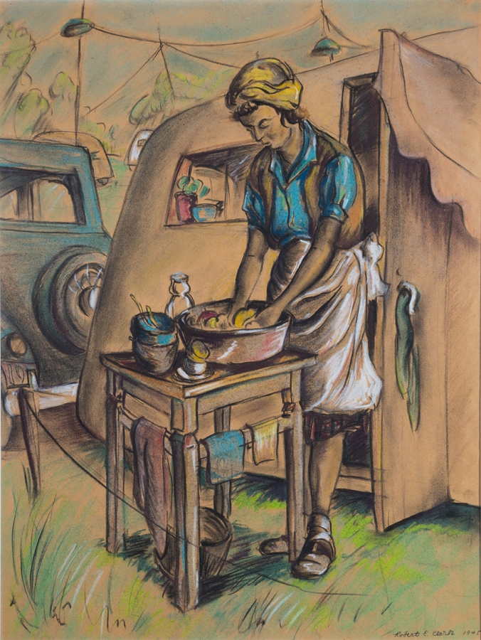 Untitled work of a woman doing washing on a small table outside of a van