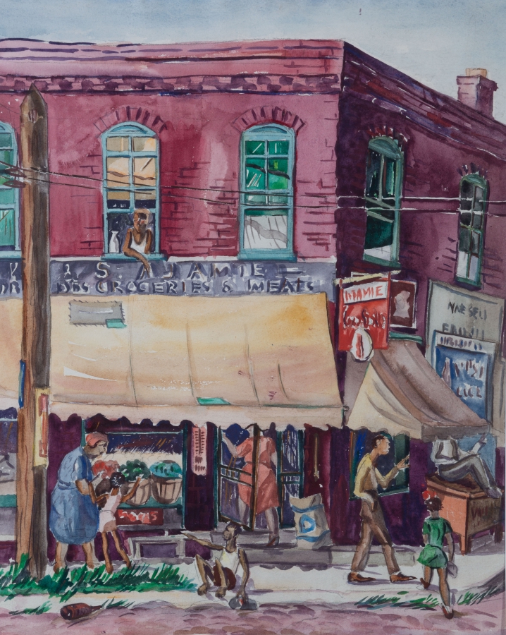 An untitled image of a street corner featuring a grocery store in a red brick building with produce visible in the window. A woman in an orange dress enters the store, while a woman in a blue dress and a child pass by it. A man walks past the store as a young girl in a green dress walks unto the sidewalk. A man looks out the window above the store.