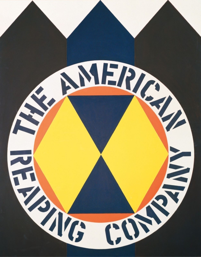 A 60 by 48 inch painting dominated by a large circle containing a black and yellow hexagon surrounded by a white ring. Within the ring the work's title, "The American Reaping Company," appears in black text. The circle is set against a black ground which ends in three triangular shapes, resembling a crown.