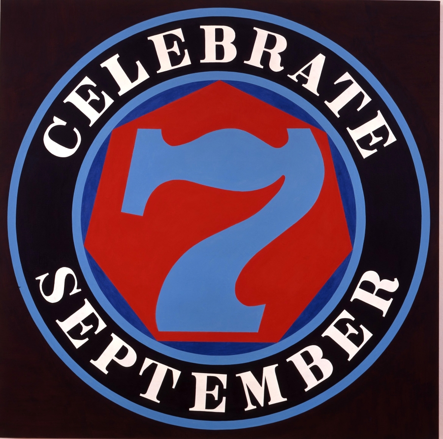A square canvas with a black ground dominated by a circle containing a red heptagon with a blue numeral seven, and surrounded by a black ring with blue outlines. Within the ring the painting's title, "Celebrate September" is painted in white letters.