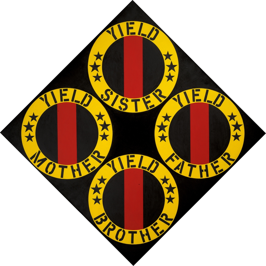 The Black Yield Brother III is an 85 by 85 inch black diamond shaped canvas containing four black circles with red band surrounded by a yellow ring containing black text and six small black stars. The text in each ring reads, starting a top and going clockwise, "Yield Sister," "Yield Father," "Yield Brother," and "Yield Mother."