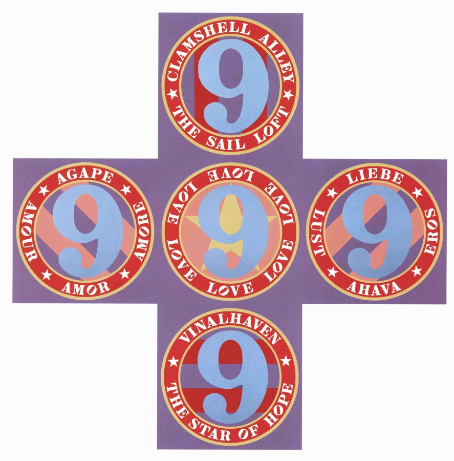 The Ninth Love Cross is a cross shaped painting comprised of five panels and measuring 108 by 108 inches overall. Each panel is square shaped with a light purple ground and a circle containing a light blue numeral nine with a yellow outlined red ring containing text. The background of the circle in the central panel is pink with a yellow star, and the text in the ring is Love repeated six times. The background of the top panel's circle is vertical light purple and red stripes, and the text reads "Clamshell Alley The Sail Loft." The background of the right panel's circle is diagonal light purple and light pink stripes, and the text in the ring reads "Liebe Eros Ahava Lust." The background of the bottom panel's circle is horizontal light purple and red stripes, and the ring's text reads "Vinalhaven The Start of Hope." The background of the left panel's circle is diagonal light pink and light purple stripes, and the text in the ring reads "Agape Amore Amor and Amour."