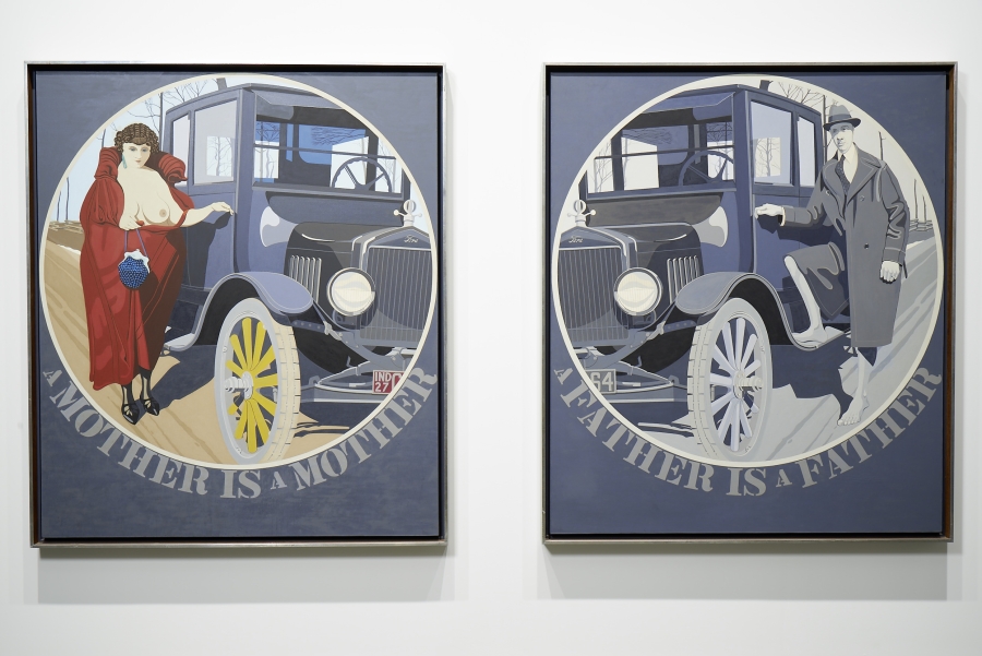 Mother and Father is a diptych of two 72 by 60 inch gray canvases. The first panel contains a circle with a portrait of the artist's mother, wearing a red cape and holding a blue purse, with one breast exposed. She stands next to a Model-T car with a yellow wheel. Below the circle is a the text A Mother Is a Mother. The second panel contains a circle with a portrait of the artist's father, in various shades of gray, barefoot and wearing a coat, next to a Model-T. The text below the circle reads "A Father Is a Father."